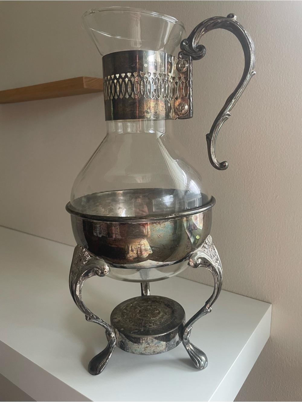 Vintage Silver-Tone Glass Carafe with Ornate Stand and Handle